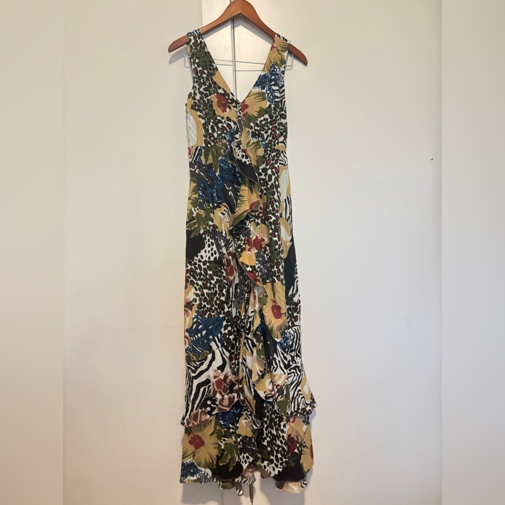 GRACE ELEMENTS ANIMAL PRINT ECCLECTIC RUFFLE MAXI DRESS SZ SMALL